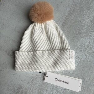 Calvin Klein White Knit Faux Fur Pom Beanie Hat